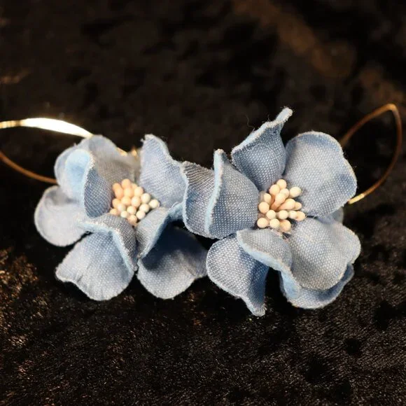Blue Fabric Flower Drop Earrings with Gold Wire Hoops - Picture 2 of 2